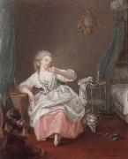 A bedroom interior with a young girl holding a song bird